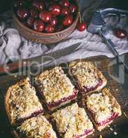 square pieces of cake crumble with cherry