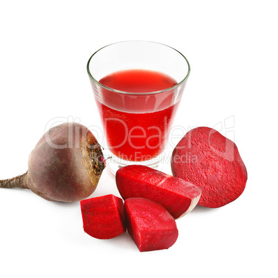 Red beet and fresh juice in glass isolated on white background.