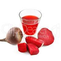 Red beet and fresh juice in glass isolated on white background.