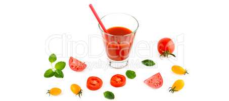 Fresh tomato juice and tomatoes isolated on white background. Wi