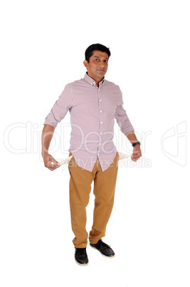 Poor East Indian man showing empty pockets