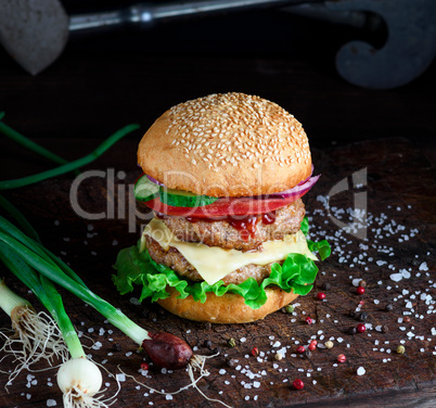 fresh homemade burger with lettuce, cheese, onion and tomato