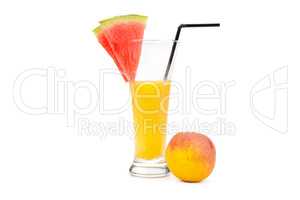 Juice in glass, watermelon and peach isolated on white .