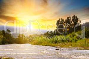 Bright sunrise in the mountains of the Carpathians, Ukraine. The