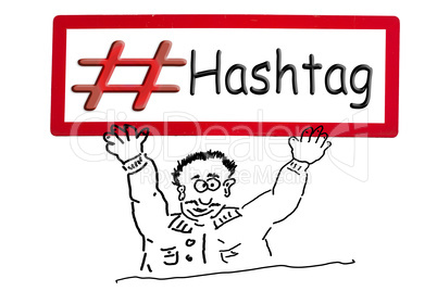 Hand drawing comic figure with sign inscription # Hashtag.