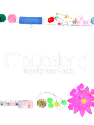 Sewing accessories isolated on white background. Colorful frame