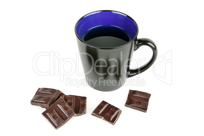 Cup of coffee and chocolates isolated on white background.