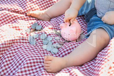 Baby Boy Sitting on Picnic Blanket PUtting Coins in Piggy Bank