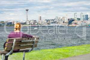 Woman Sitting on Bench Looking At The Seattle, Washington Skylin