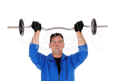Tall man lifting the weight in blue jacket