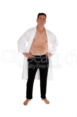 Shirtless man in white bathrobe