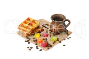 Cup of coffee, waffle and marmalade isolated on white background
