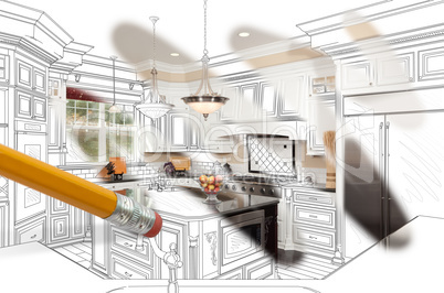 Pencil Erasing Drawing To Reveal Finished Custom Kitchen Design