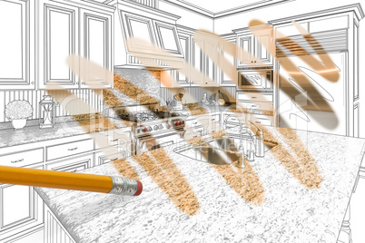Pencil Erasing Drawing To Reveal Finished Custom Kitchen Design