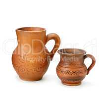 Set of old ceramic pot and mug isolated on white background.