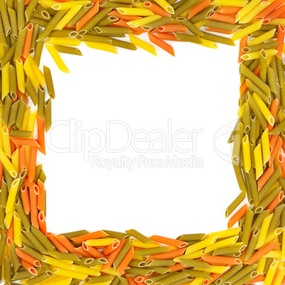 Dry macaroni isolated on white background. Square frame of pasta