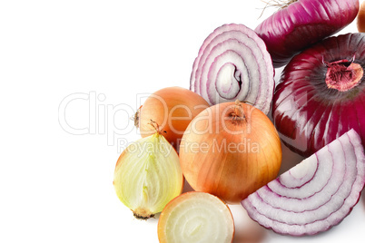 Red and gold onions isolated on white background. Collection. Fr