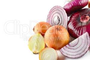 Red and gold onions isolated on white background. Collection. Fr