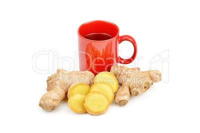 Ginger root and ginger tea isolated on white background.