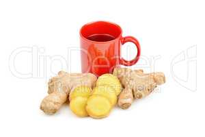 Ginger root and ginger tea isolated on white background.