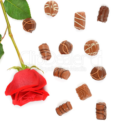 Assortment of chocolates and red rose isolated on white backgrou