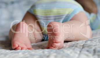 Closeup of newborn feet lying on the bed with blue and white blanket