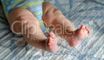 Close-up of  straight baby's legs on blue background. legs of ch