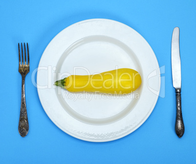 raw yellow squash in a white ceramic plate and iron fork with a