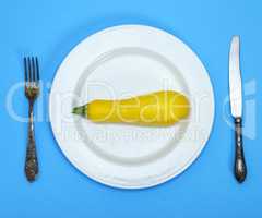 raw yellow squash in a white ceramic plate and iron fork with a
