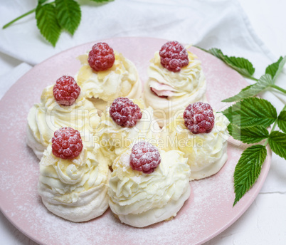 cakes made of egg white and whipped white cream with raspberrie