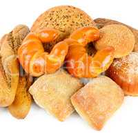 Bread and bakery products isolated on white background.