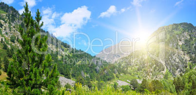 Mountain landscape and sunrise.Wide photo.