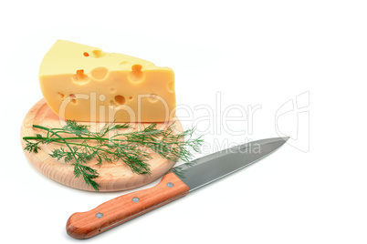 A slice of cheese on a kitchen board isolated on white backgroun
