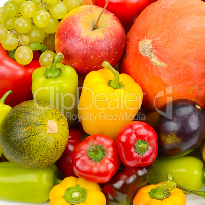 set of fresh vegetables and fruits. Bright beautiful background.