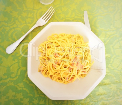 Italian food: pasta carbonara on the table