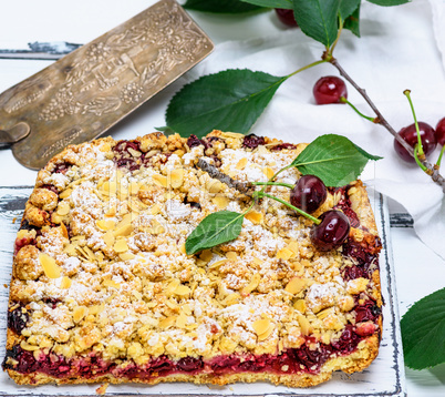 baked cake with cherries and crumbed