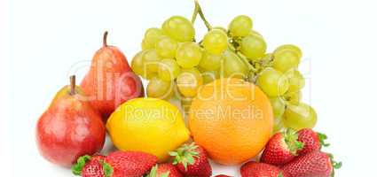 Fruit and berries isolated on white background. Wide photo.