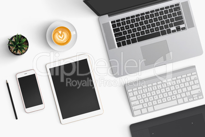 Modern workspace with coffee cup, smartphone, paper, notebook, t