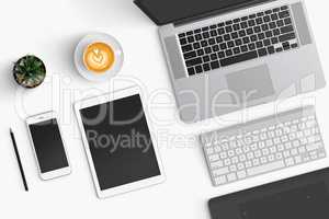 Modern workspace with coffee cup, smartphone, paper, notebook, t