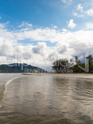 Beach landscape with forest and clouds in the background.