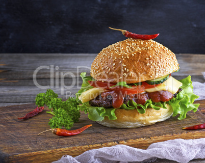 fresh homemade burger with lettuce, cheese, onion and tomato