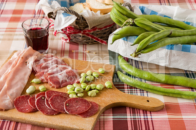 Cold meats broad bean and red wine