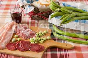 Cold meats broad bean and red wine