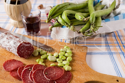 Italian salami meat broad bean and red wine