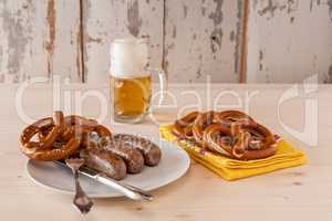 Bavarian cooked sausage and pretzel