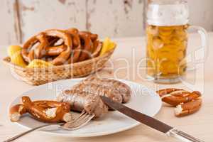 Bavarian cooked sausage and pretzel