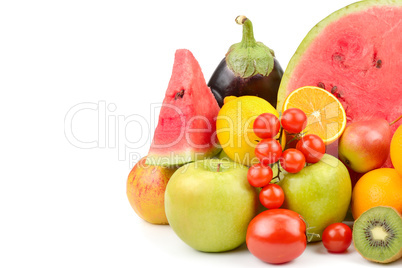 Fruits and vegetables isolated on white background. Free space f