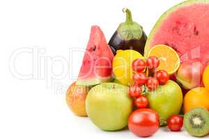 Fruits and vegetables isolated on white background. Free space f