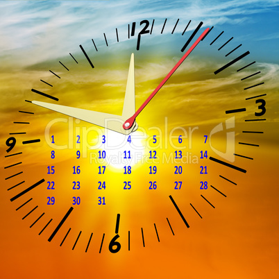 Clock with calendar at sunset in the sky, 3D illustration