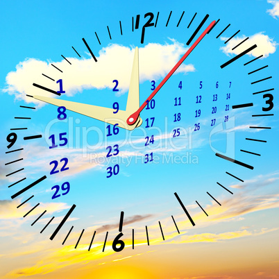 Clock with calendar at sunset in the sky, 3D illustration